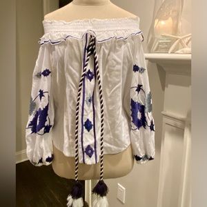 MISA Los Angeles Blue & White Off-the-Shoulder Top